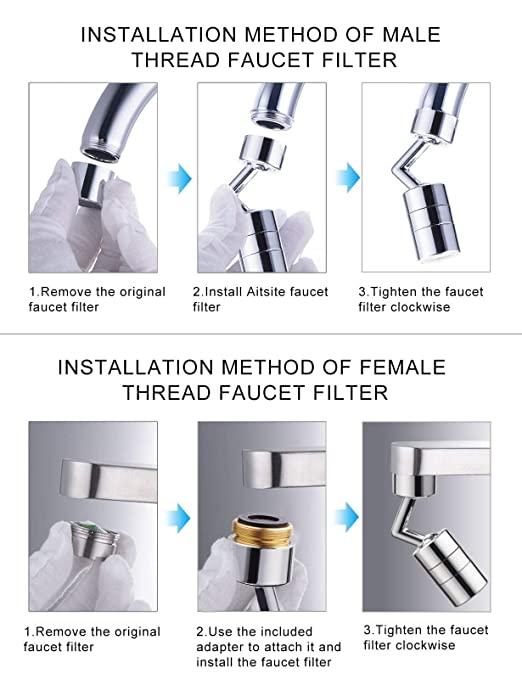 Splash Filter Faucet, 720? Rotatable Faucet Sprayer Head with Durable Copper, Anti-Splash, Oxygen-Enriched Foam, 4-Layer Net Filter, Leakproof Design with Double O-Ring
