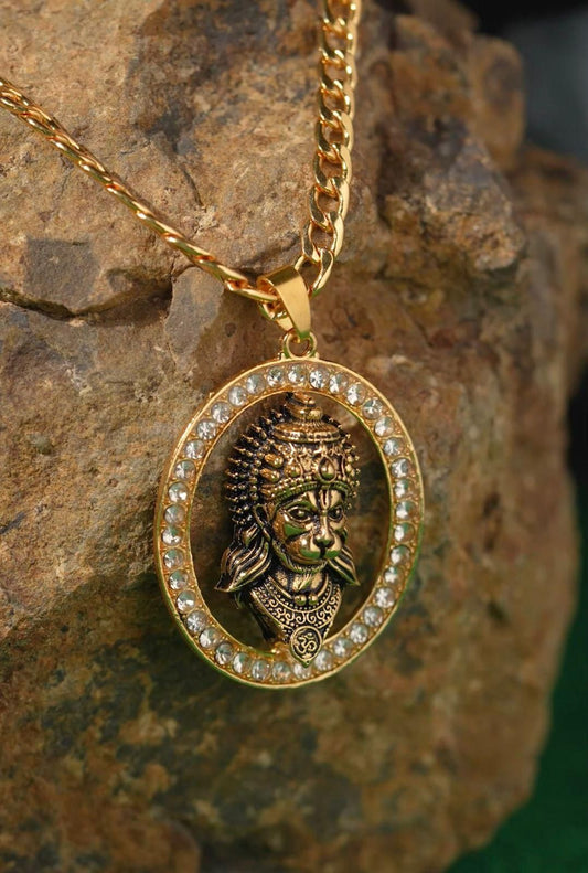 Gold-plated Hanuman Face Diamond Alloy Pendant Locket Set