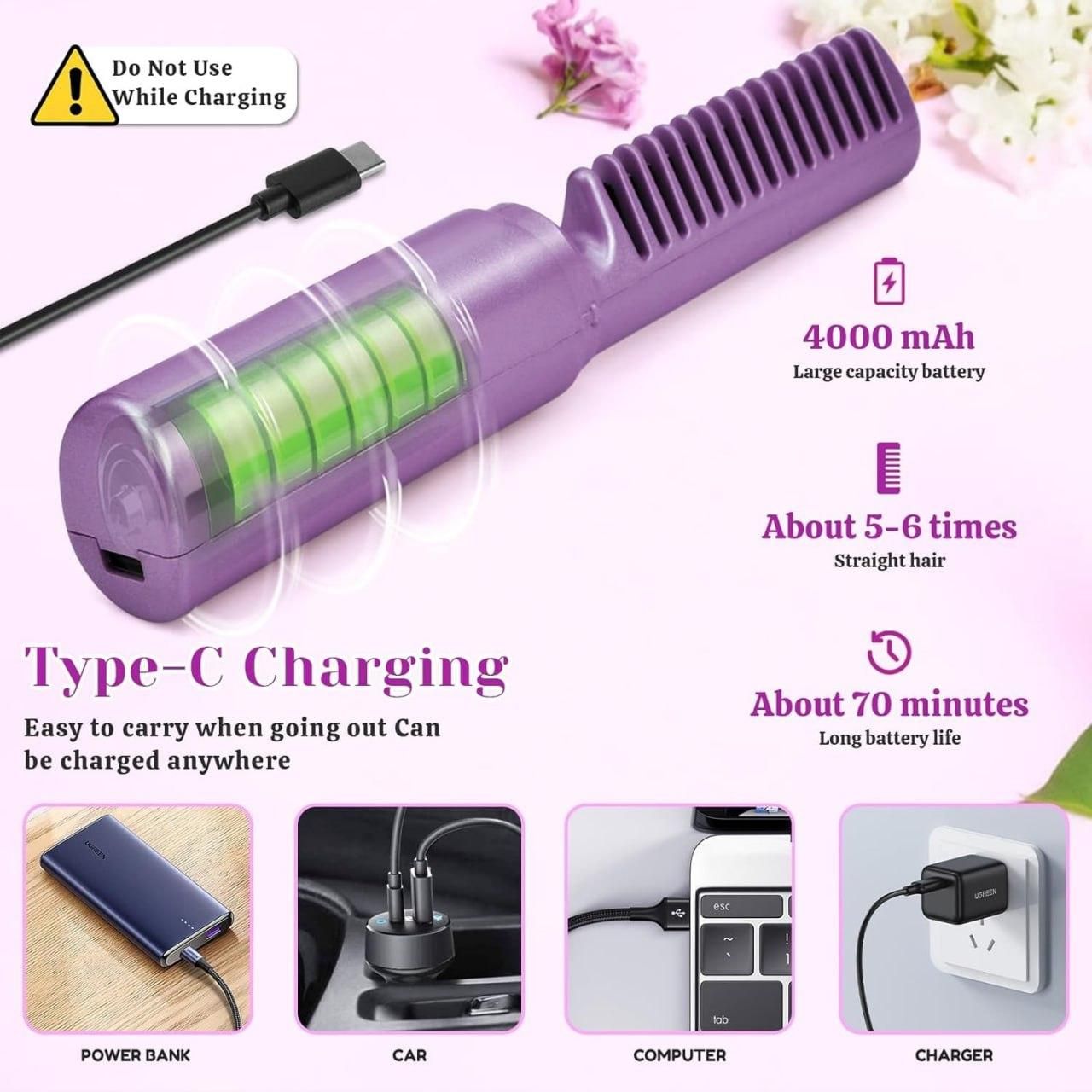 Meneflix Portable Mini Hair Straightener Cordless Rechargeable Mini Adjustable Hair Straightener Hot Comb - Deal IND.