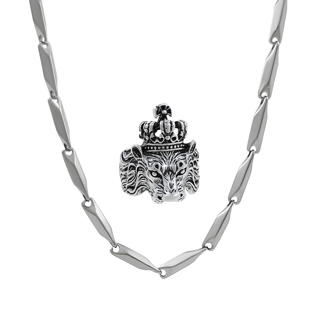 Silver plated chain with silver plated KGF LION shape adjustable ring combo set Rhodium Plated Stainless Steel Chain - Deal IND.
