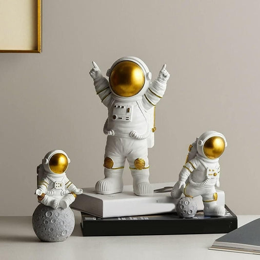 Astronaut Spaceman Statue Ornament Home Office Desktop Figurine Decors Set of 3 - Golden - Deal IND.