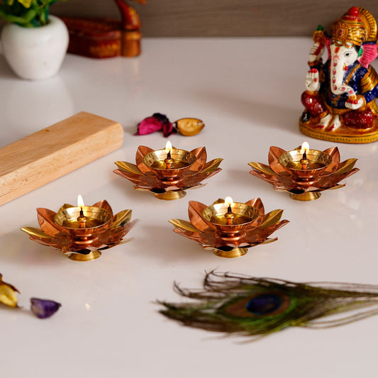 eCraftIndia Set of 4 Floral Shape Metal Diya - Deal IND.