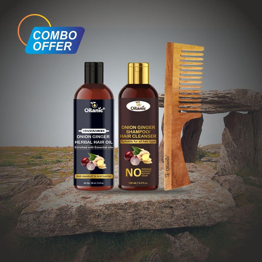 Oilanic Herbal Hair Oil, Onion Ginger Shampoo & Wooden Neem Ecofriendly Comb Combo - Deal IND.