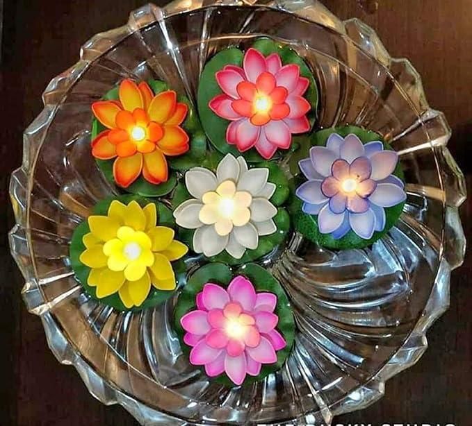 Lotus Flower Floating Diya Set with Water Sensor (Set of 6) - Deal IND.