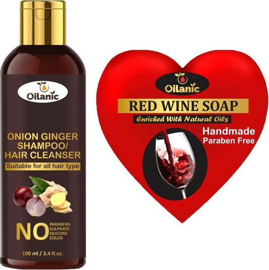 Oilanic Premium Onion Ginger Shampoo 100 ml and Red Wine Soap 100 gm, Combo Pack of 2 - Deal IND.