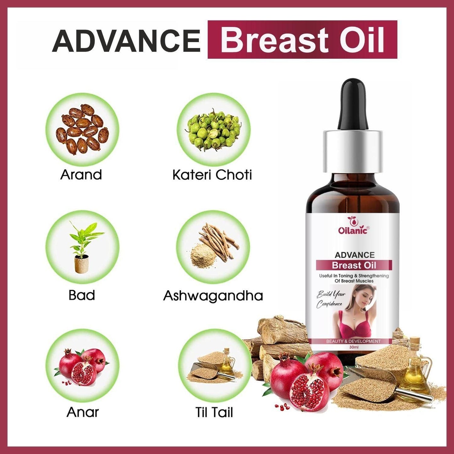 Oilanic Natural B 36 Plus Breast Enlargement Oil- For Firming, Lifting Up, Tightening, Reshaping & Breast Massage Combo Pack of 2 Bottles of 30 ml (60 ml) - Deal IND.