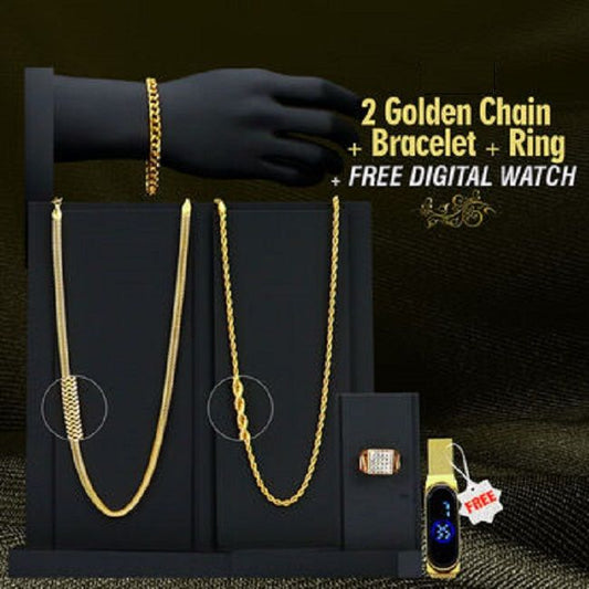 Fidato Pack Of 2 Golden Chain With Golden Bracelet And Diamond Ring + Free Digital Watch Combo - Deal IND.