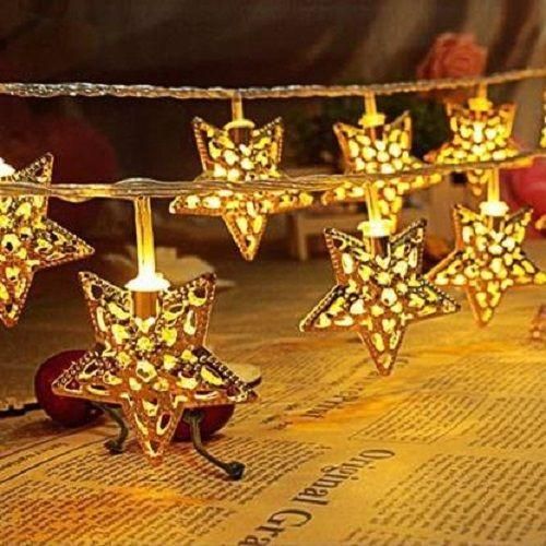 16 Led Golden Metal Star Copper String Fairy Light for Decoration - Warm White - Deal IND.
