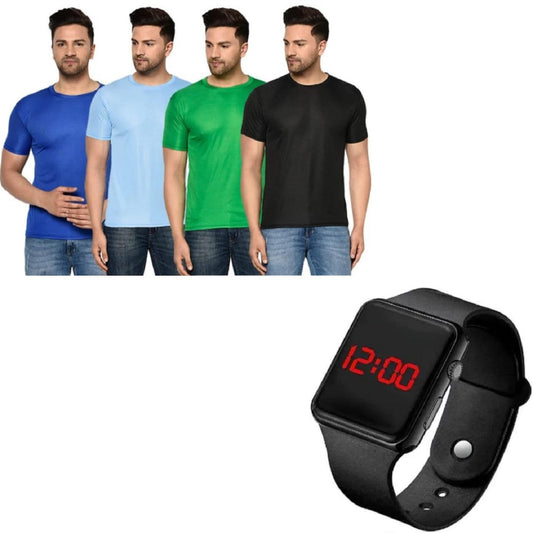 Fidato Men's Pack Of-4 Half Sleeves Round Neck T-shirt With Digital Watch Combo - Deal IND.