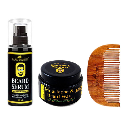 Park Daniel Combo Pack of Beard Growth Serum 60ml,Moustache & Beard Wax 50gm & Handcrafted Wooden Beard Comb ( 1 Pc.) - Deal IND.