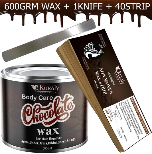 KURAIY Detan Chocolate Wax for Smooth Hair Removal - 600gm chocolate extracts + 40 Wax Strips +1 Steel Knife | For all skin types | Removes Tan, Dead Skin | For Arms, Legs and Full body - Deal IND.